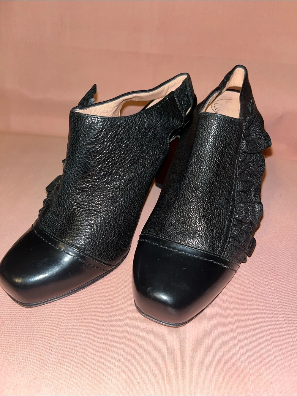 Women’s Black Soft Leather Ruffle Heel Booties